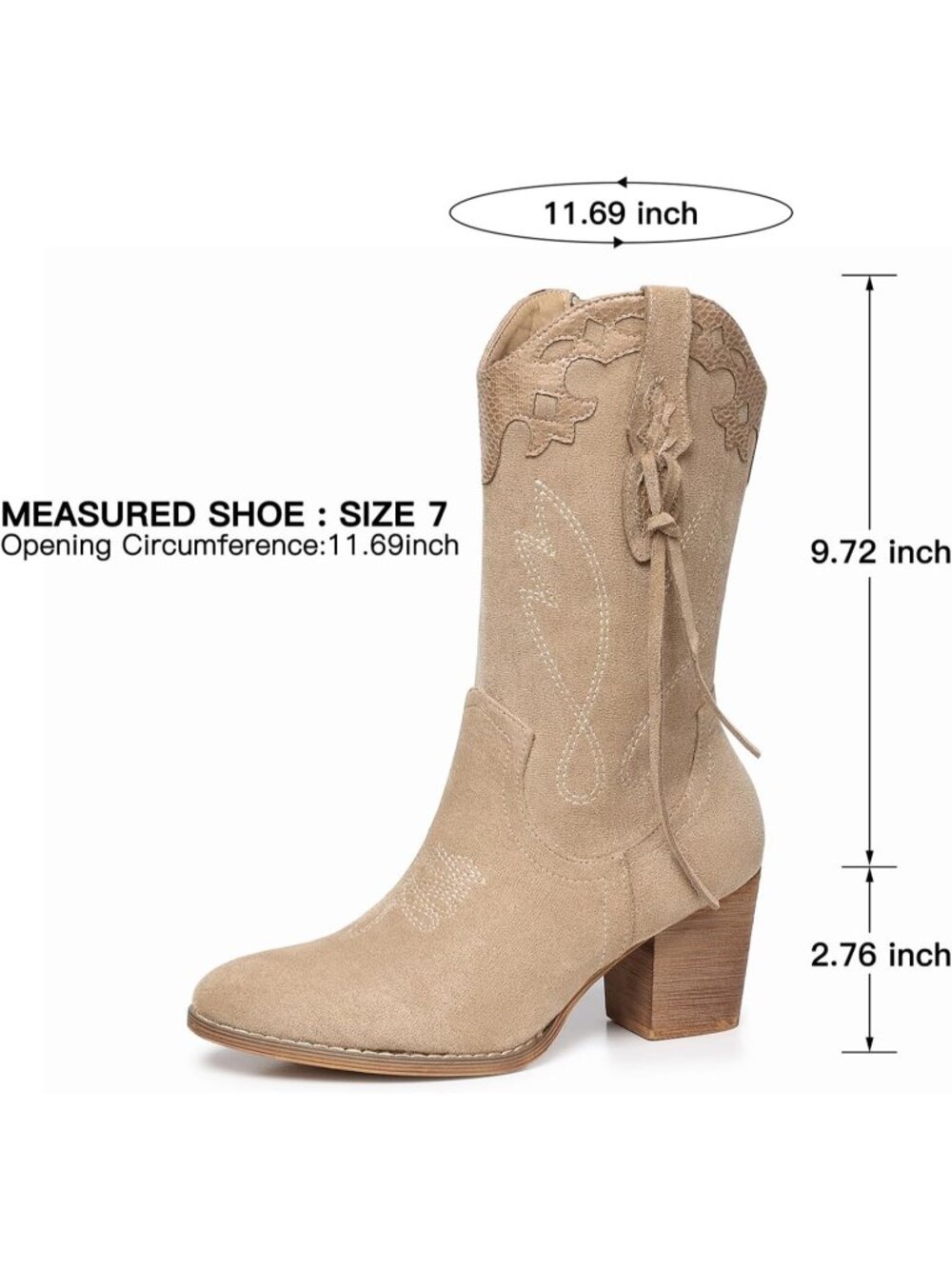 Women's Apricot Western Country High Heel Boots Suede Zipper Mid Calf Booties - Picture 6 of 6